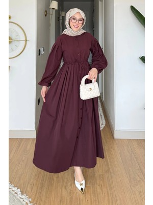 Tesettür Diyarı Divol Poplin Kumaş Düğmeli Tesettür Elbise- Bordo