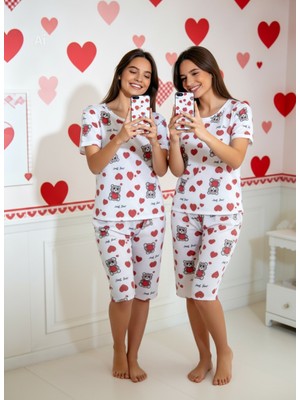 NiCe İç Giyim Bisiklet Yaka Kapri Şort Beyaz Renk Kalpli Ayıcık Desen Yazlık Kumaş Kadın Pijama Takım