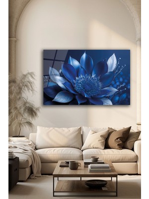 Özgürce Mavi Lotus Çiçeği Baskılı Dekoratif Cam Tablo, Modern Ev Dekoru
