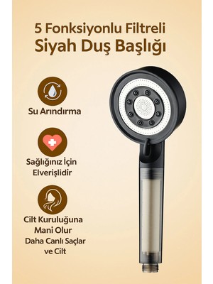 Kustar 5 Fonksiyonlu Çelik Su Tasarruflu Filtreli Turbo Jet Duş Başlığı Siyah