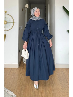 Tesettür Diyarı Divol Poplin Kumaş Düğmeli Tesettür Elbise- Lacivert