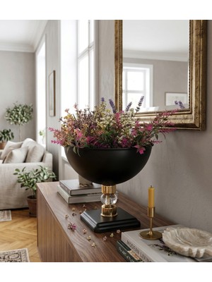 Özgürce Modern Siyah Gold Detaylı Kristal Taşlı Büyük Vazo Masa Dekoru