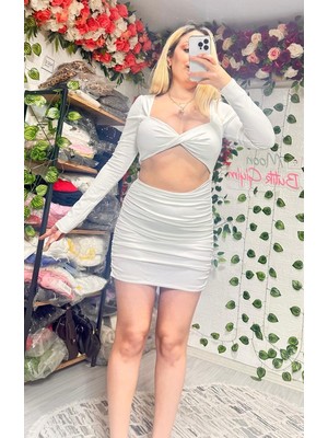 Yerteks Beyaz Beldekolteuzun Kol Elbise