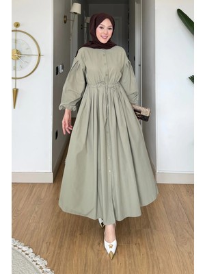 Tesettür Diyarı Divol Poplin Kumaş Düğmeli Tesettür Elbise- Yeşil