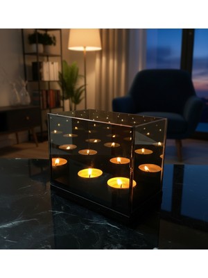 Glow Design Ahşap Tabanlı Mumluk - Iki Mumlu Sonsuzluk Aynalı Mumluk - Hediye Mum Gönderilmektedir.