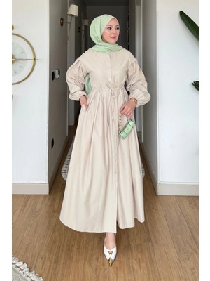 Tesettür Diyarı Divol Poplin Kumaş Düğmeli Tesettür Elbise- Krem