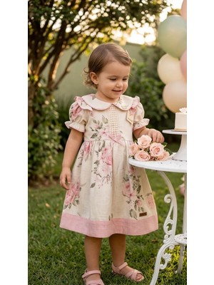 Kız Bebek Vintage Gül Desenli Yakalı Elbise - Fırfırlı ve Dantel Detaylı %100 Pamuklu Bayramlık Elbise 2-5 Yaş