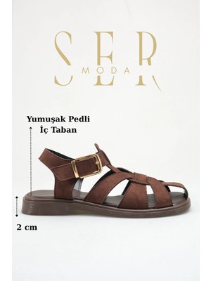 Sermoda Kadın Kapalı Sandalet - Kapalı Burun Tokalı Düz Taban Kadın Sandalet Süet Kahve