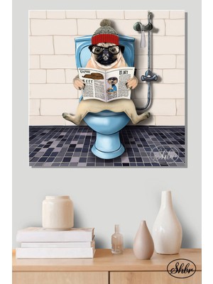 Özgürce Şık Kare Kanvas Duvar Tablosu, Pug ve Gazete Okuyan Köpek Tasarımı