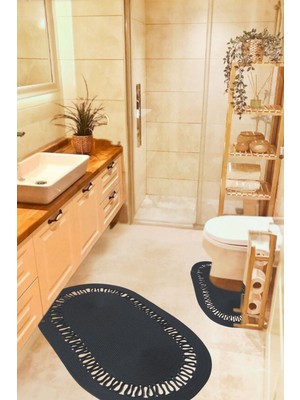 Özgürce Su Emici Hasır Jüt Banyo Paspas Takımı, Kaymaz Oval Halı Seti