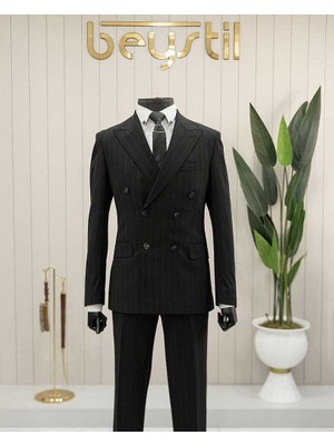 Beystil Sivri Yaka Siyah Çizgili Kruvaze Takım Elbise 53151 - Slim Fit
