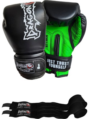 Dragon Attack 5 Boks Eldiveni 10 oz Suni Deri ve Bandaj Seti Muay Thai için Özel Tasarım