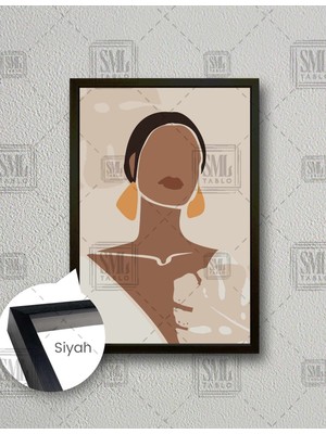 SML Tablo Sarı Büyük Küpeli Toplu Saçlı Kadın Ilüstrasyonu Modern Minimal Kanvas Dikey Çerçeveli Kanvas Tablo