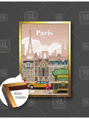 SML Tablo Paris Fransa Turistik Şehir Köpek Gezdiren Kadınlar İlüstrasyon Çift  Dikey Çerçeveli Kanvas Tablo