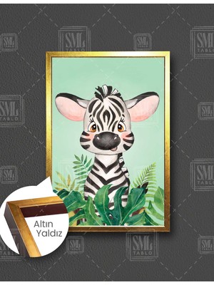 SML Tablo Bebek Zebra Tropikal Bitkiler Yeşil Fon Bebek Odası Kanvas Dikey Çerçeveli Kanvas Tablo