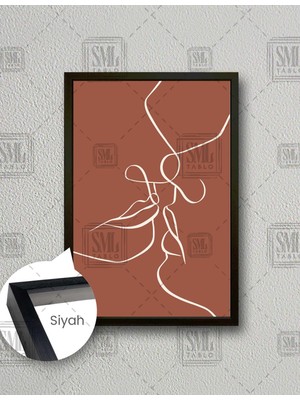 SML Tablo Çizgisel İlüstrasyon Öpüşen Çift Boho Art Lıne Kiremit  Dikey Çerçeveli Kanvas Tablo