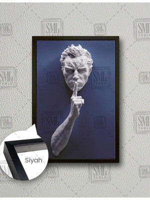 SML Tablo Lacivert Duvar Önünde Sus Yapan Heykel  Dikey Çerçeveli Kanvas Tablo