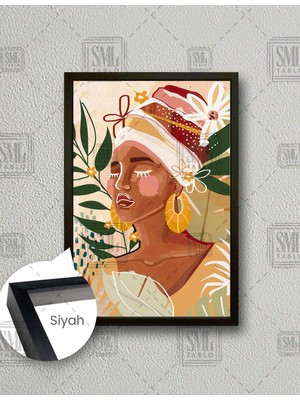 SML Tablo Büyük Altın Küpeli Çizgisel Boho Afrikan Kadın Çiçekli Naturel Fon Dikey Çerçeveli Kanvas Tablo