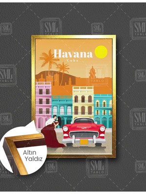 SML Tablo Havana Cuba Turistik Kırmızı Nostaljik Araba Dans Eden Çift Dikey Çerçeveli Kanvas Tablo