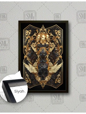 SML Tablo Gold Detaylı Kaplan Kanatlar ve Kafa Gotik  Dikey Çerçeveli Kanvas Tablo