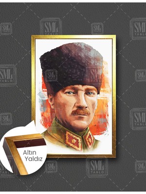 SML Tablo Mustafa Kemal Atatürk Kalpaklı Ilüstrasyon  Dikey Çerçeveli Kanvas Tablo