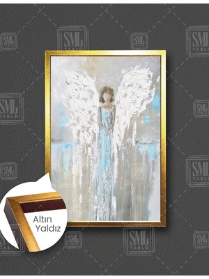 SML Tablo Beyaz Kanatlı Mavi Elbiseli Melek Yağlı Boya Efektli Angel Dikey Çerçeveli Kanvas Tablo