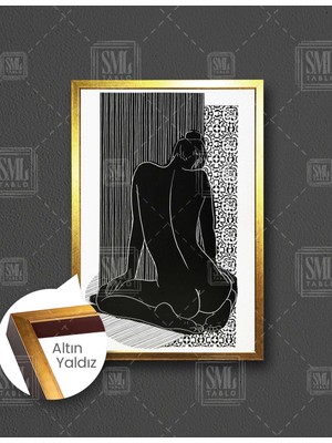 SML Tablo Düşünen Arkası Dönük Çizgisel Kadın  Dikey Çerçeveli Kanvas Tablo