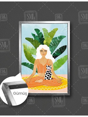 SML Tablo Yeşillikler Önünde Kedisiyle Yoga Yapan Yogi Kız  Dikey Çerçeveli Kanvas Tablo