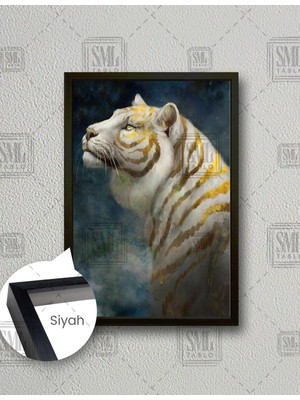 SML Tablo Sarı Çizgili Beyaz Kaplan Dikey Çerçeveli Kanvas Tablo