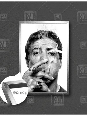 SML Tablo Sylvester Stallone Efsane Oyuncu Siyah Beyaz  Dikey Çerçeveli Kanvas Tablo