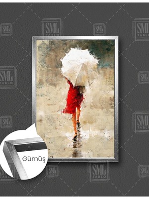 SML Tablo Yağmurda Yürüyen Beyaz Şemsiyeli Kırmızı Elbiseli Kadın Romantik Kanvas Dikey Çerçeveli Kanvas Tablo