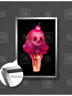 SML Tablo Pembe Dondurma Gold Külah Detaylı  Dikey Çerçeveli Kanvas Tablo