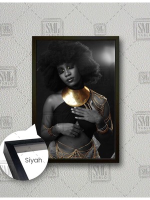 SML Tablo Altın Aksesuarlarla Kıvırcık Saçlı Kadın  Dikey Çerçeveli Kanvas Tablo