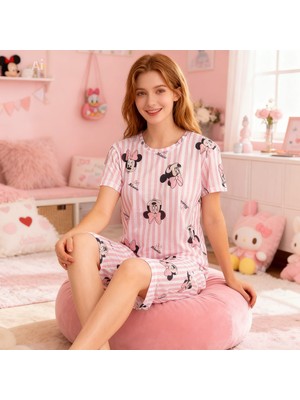 NiCe İç Giyim Bisiklet Yaka Pembe Şerit Sevimli Desen Uzun Şort Alt Yazlık Kumaş Kadın Pijama Takım