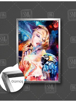 SML Tablo Renkli Yağlı Boya Tarzında Papağanıula Poz Veren Sarışın Kadın Dikey Çerçeveli Kanvas Tablo