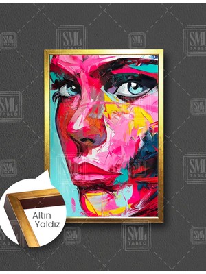 SML Tablo Derin Fırça Izleri Pembe Tonlarında Kadın Portresş  Dikey Çerçeveli Kanvas Tablo