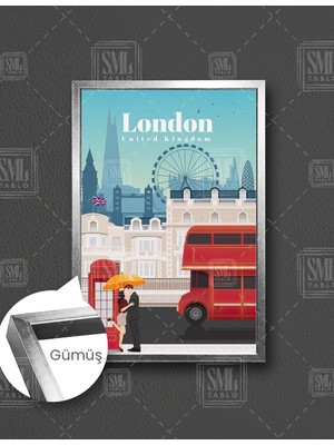 SML Tablo Ondra Uk Turistik Kırmızı Otobüs Öpüşen Eden Çift  Dikey Çerçeveli Kanvas Tablo