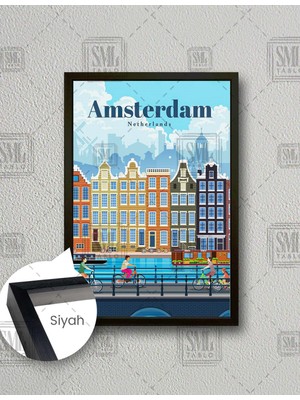 SML Tablo Amsterdam Gezisi Ilüstrasyon Bisikletle Gezen Turistler  Dikey Çerçeveli Kanvas Tablo