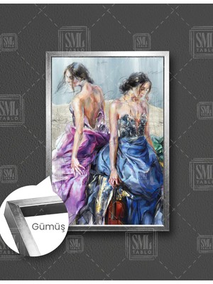 SML Tablo Renkli Abiye Elbiseli Üç Kadın Moda Fashıon Kanvas Dikey Çerçeveli Kanvas Tablo