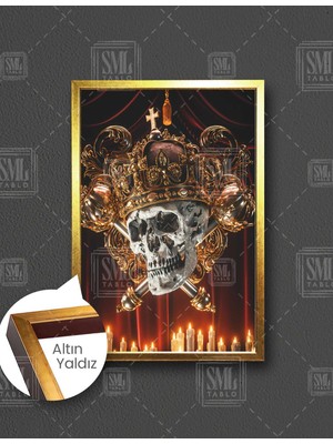 SML Tablo Kraliyet Tacı Takan Kafa Yanan Mumlar Tiyatro Perdesi  Dikey Çerçeveli Kanvas Tablo