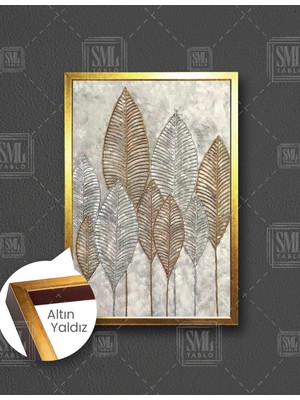 SML Tablo Gümüş ve Altın Yapraklar  Dikey Çerçeveli Kanvas Tablo