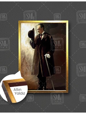 SML Tablo Bastonlu Elinde Şapkası Mustafa Kemal Atatürk Dikey Çerçeveli Kanvas Tablo