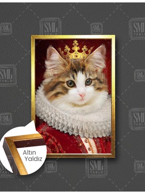 SML Tablo Kırmızı Elbiseli Altın Taçlı Kral Kedi Dikey Çerçeveli Kanvas Tablo