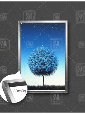 SML Tablo Gece Yıldızlar Altında Mavi Yuvarlak Ağaç Dikey Çerçeveli Kanvas Tablo
