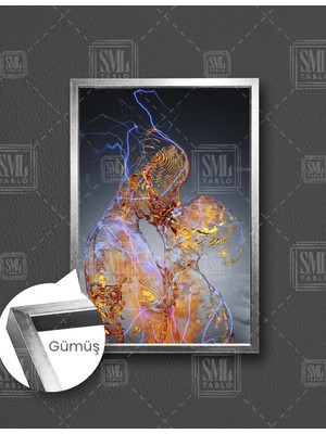 SML Tablo Altın Çizgisel Öpüşen Çift Aşk Love Dikey Çerçeveli Kanvas Tablo