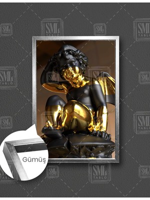 SML Tablo Gold Detaylı Kanatlı Heykel  Dikey Çerçeveli Kanvas Tablo