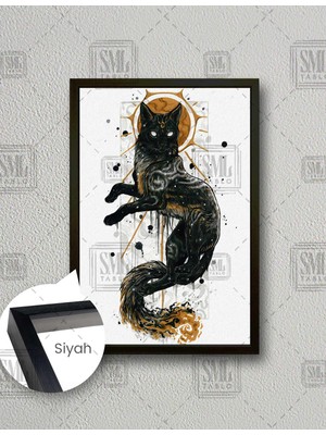SML Tablo Yaldızlı Astrolojik Detaylı Siyah Mürekkep Kedi Dikey Çerçeveli Kanvas Tablo