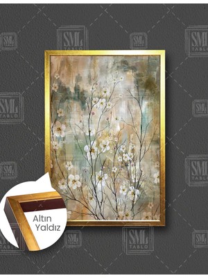 SML Tablo Beyaz Çiçekler Doğa Manzara Dikey Çerçeveli Kanvas Tablo