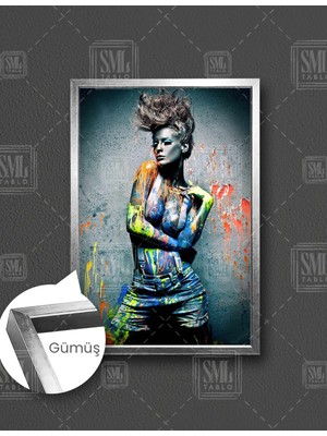 SML Tablo Rengarenk Boyanmış Kadın Manken Dikey Çerçeveli Kanvas Tablo