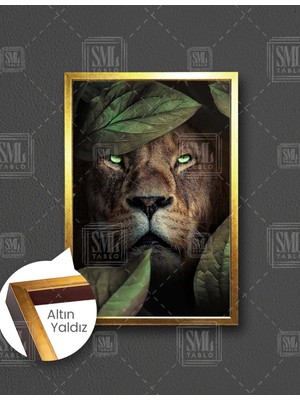 SML Tablo Ormanların Kralı Yeşil Gözlü Vahşi Aslan Dikey Çerçeveli Kanvas Tablo
